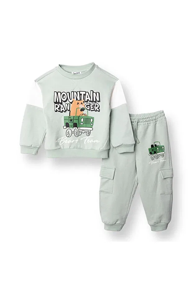 Детский комплект спортивного костюма для мальчиков с принтом Crew Neck Long Sleeve Ribbed Ebebek Hello Baby, Green