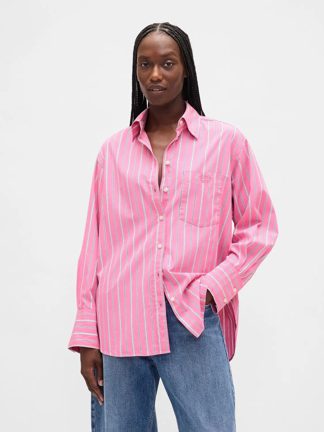 Рубашка оверсайз, полоска, Poplin Oversized Shirt Gap, розовый в полоску