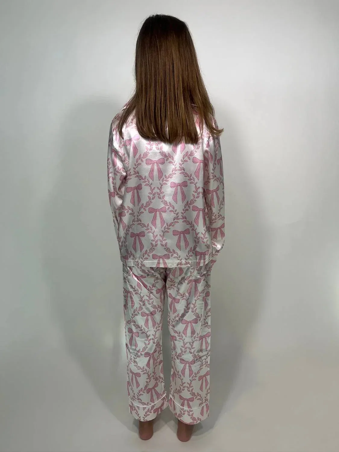 Детский пижамный комплект с бантом и цветочным принтом Bow Silky Set Mini Dreamers, розовый — фото 3