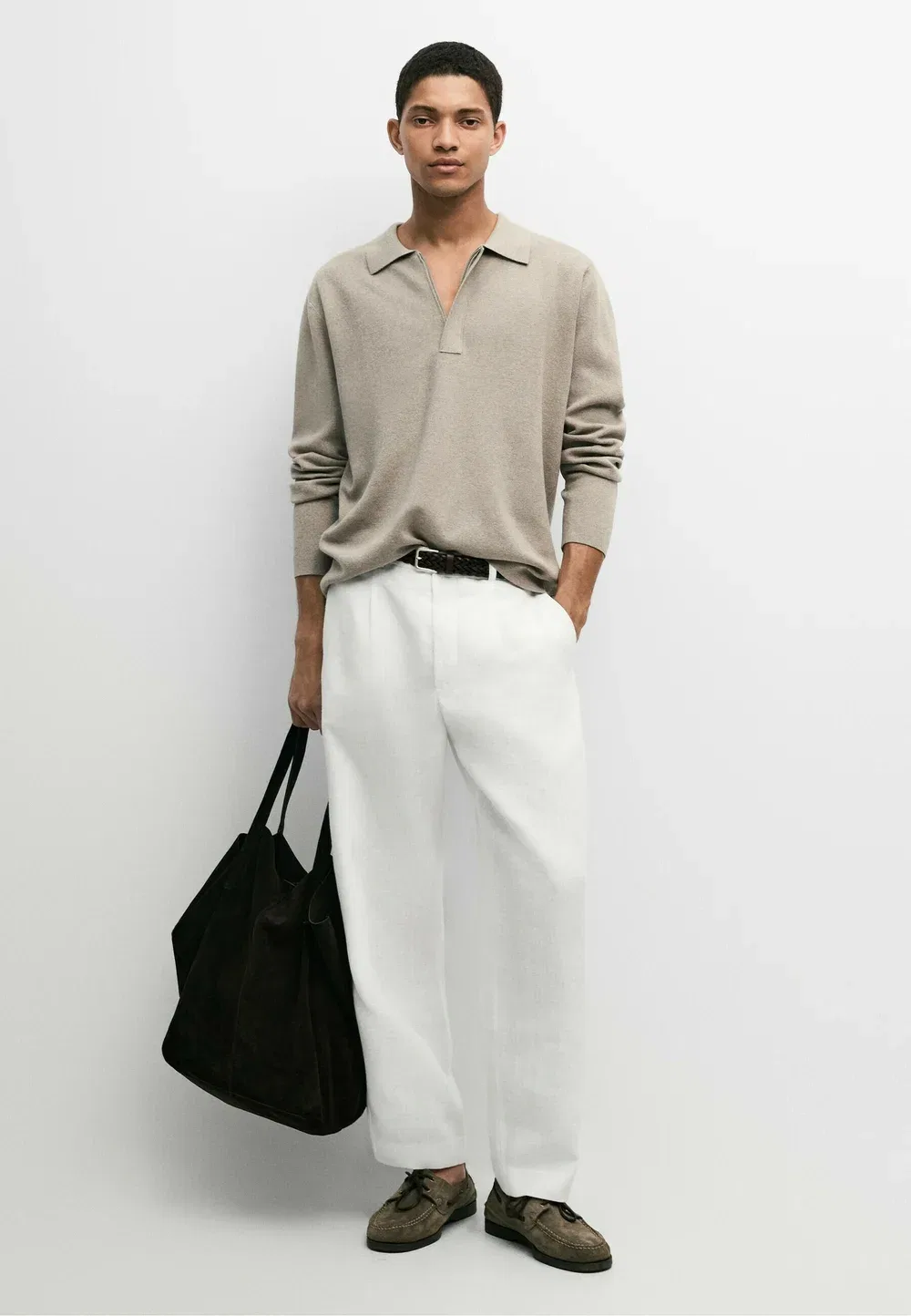Вязаный поло-свитер на молнии из смесовой хлопковой ткани Massimo Dutti, Light Brown — фото 2