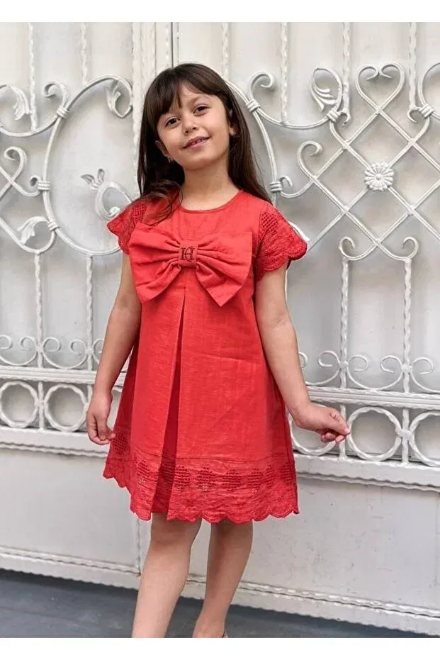 Детское платье для девочек с коротким рукавом Elisa bow detail dress Pinkitokids, Mercan — фото 3