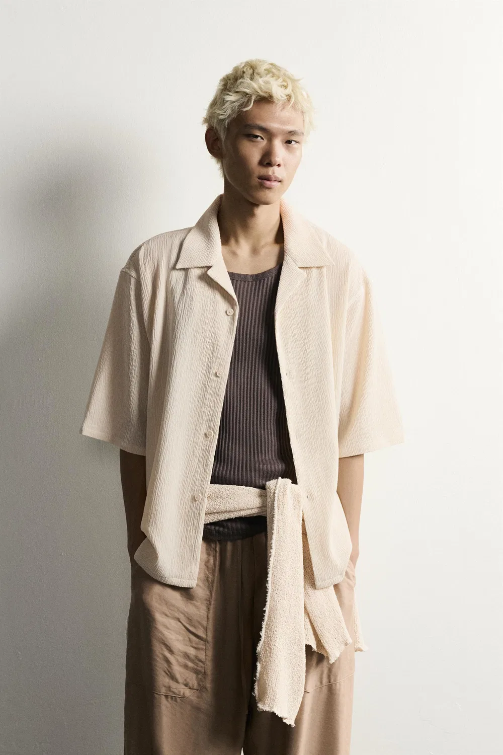 Текстурированная рубашка свободного кроя ZARA, Beige marl — фото 2