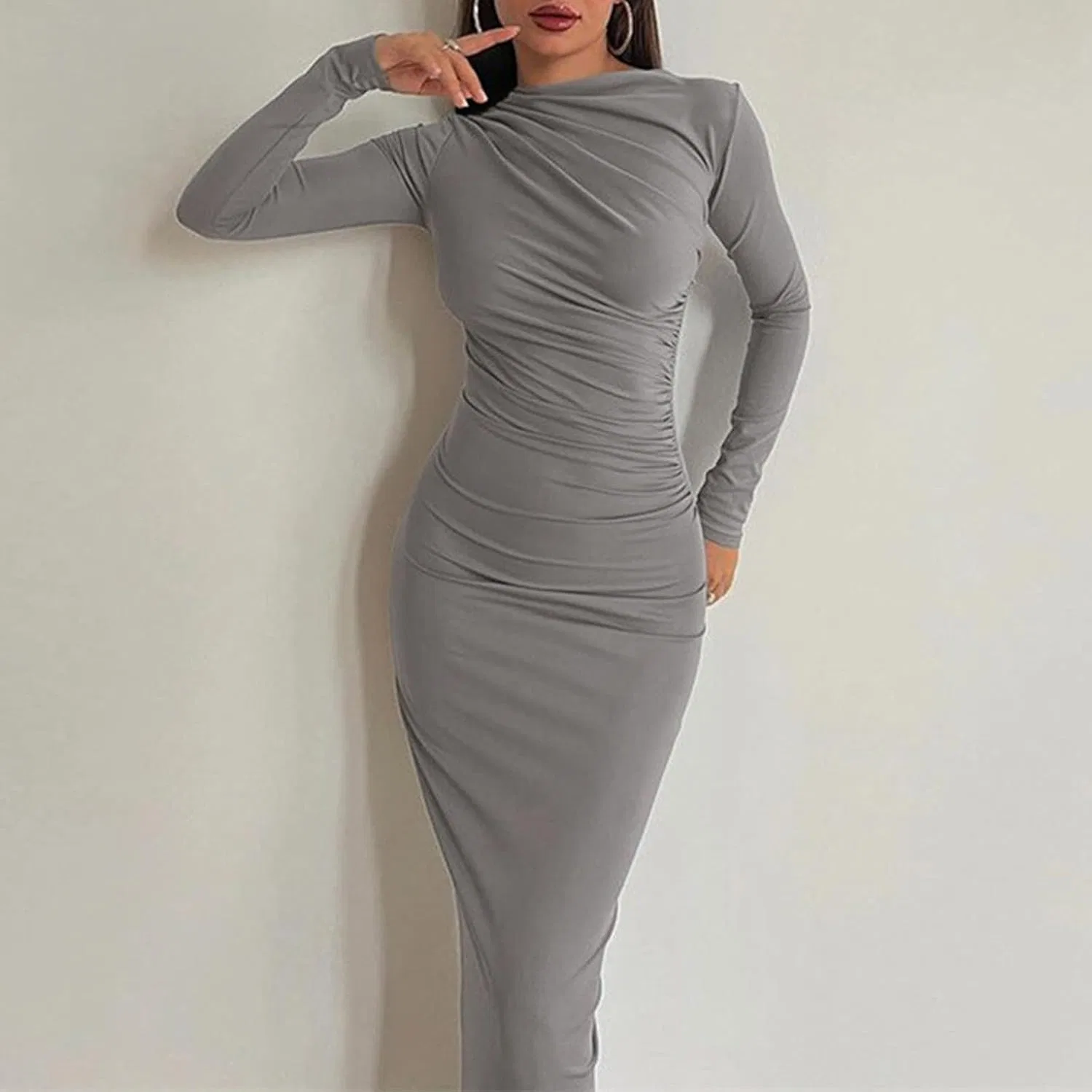 Женское облегающее макси-платье с длинным рукавом Bodycon, Gray — фото 3