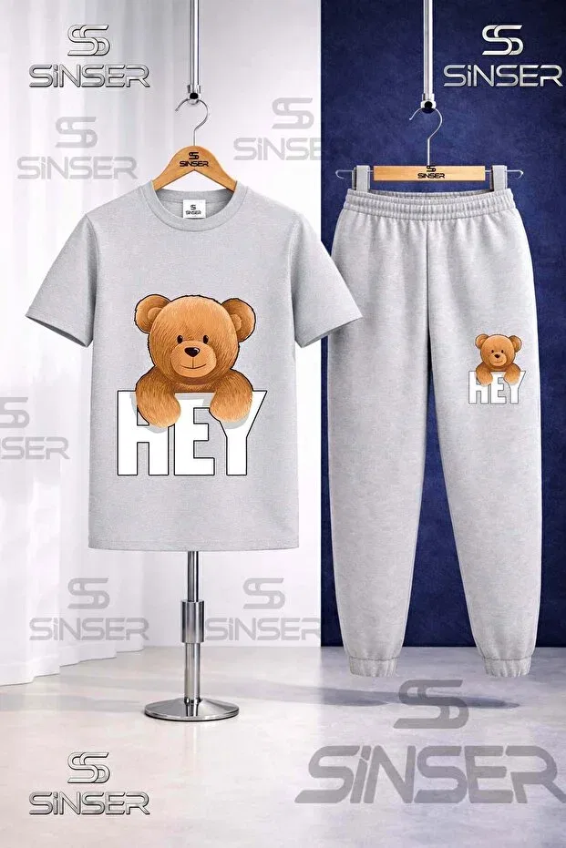 Детский комплект футболки и штанов с принтом Bear & Hey Yazi Ss Sinser, Gray