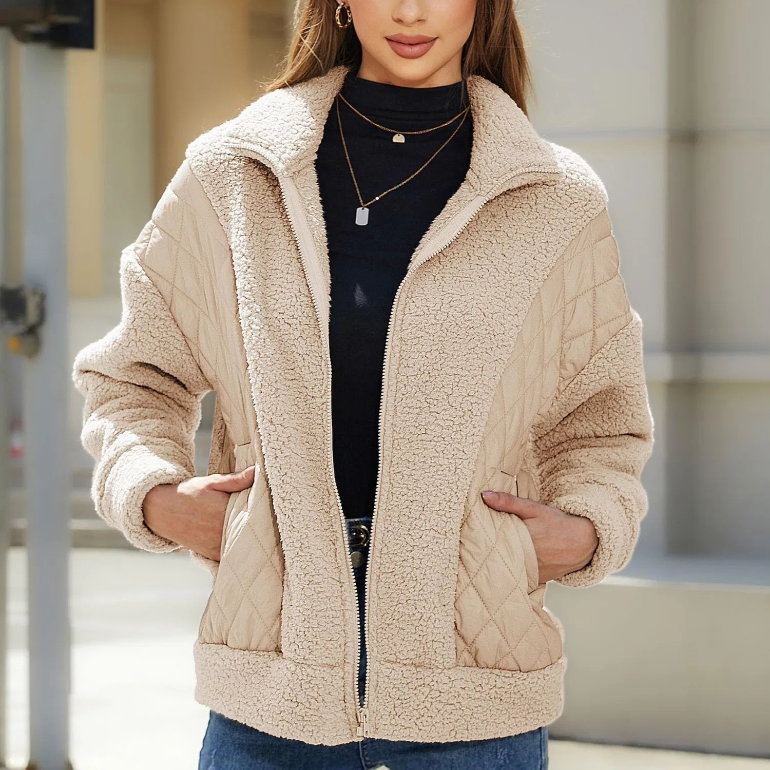 Женское пальто с длинным рукавом на молнии, Beige — фото 3