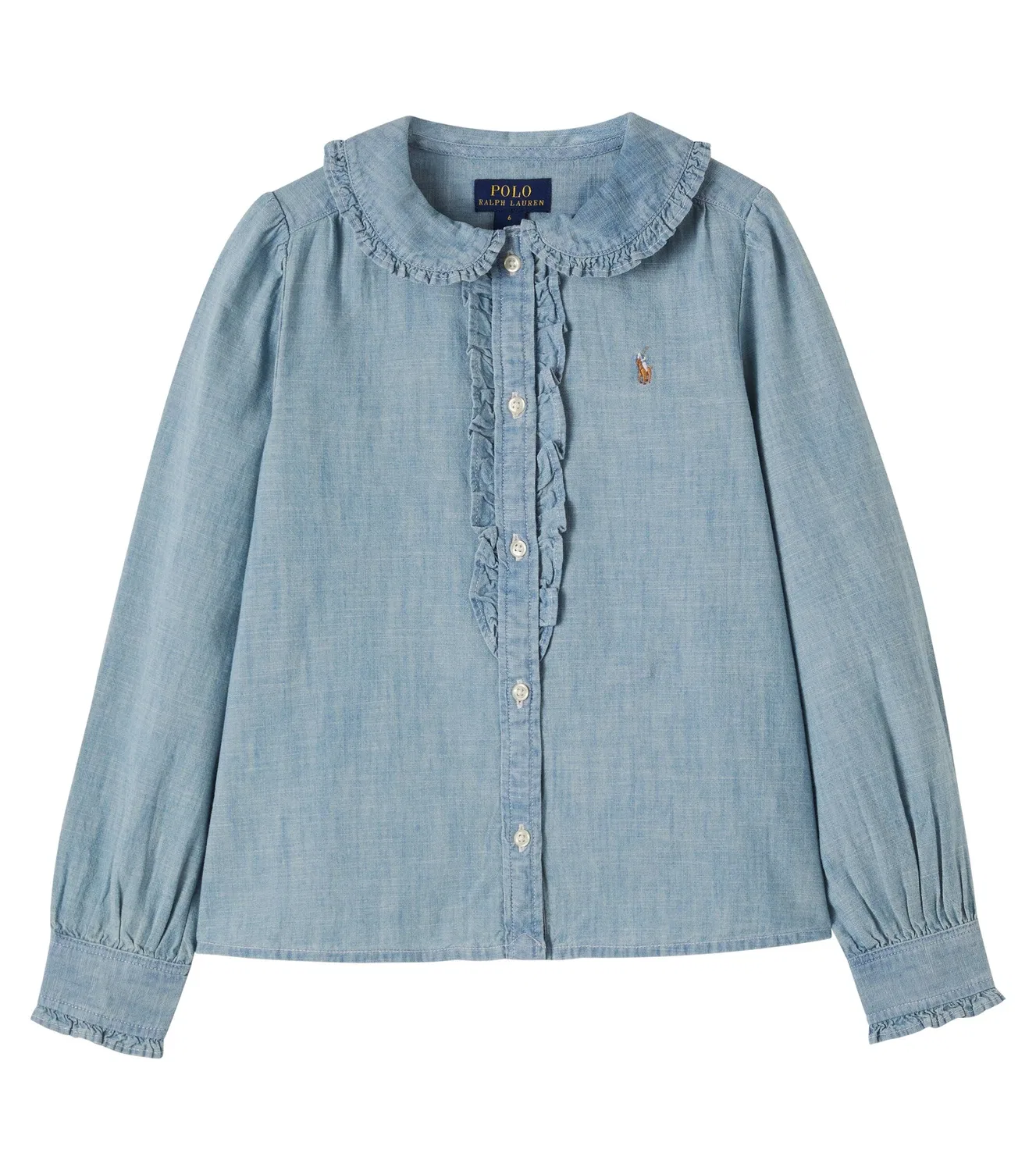 Блузка из хлопкового шамбре с оборками Polo Ralph Lauren Kids, синий