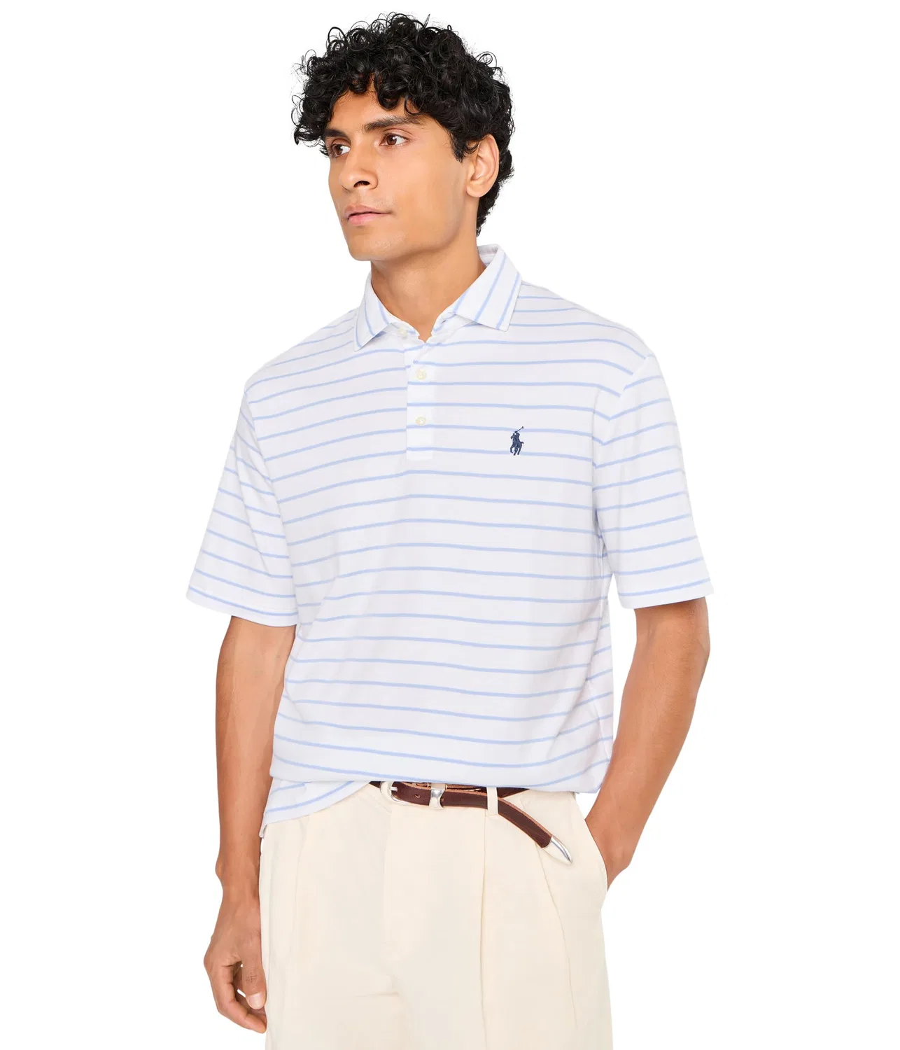 Классическая полосатая рубашка-поло из мягкого хлопка Polo Ralph Lauren, White/Pebble Blue