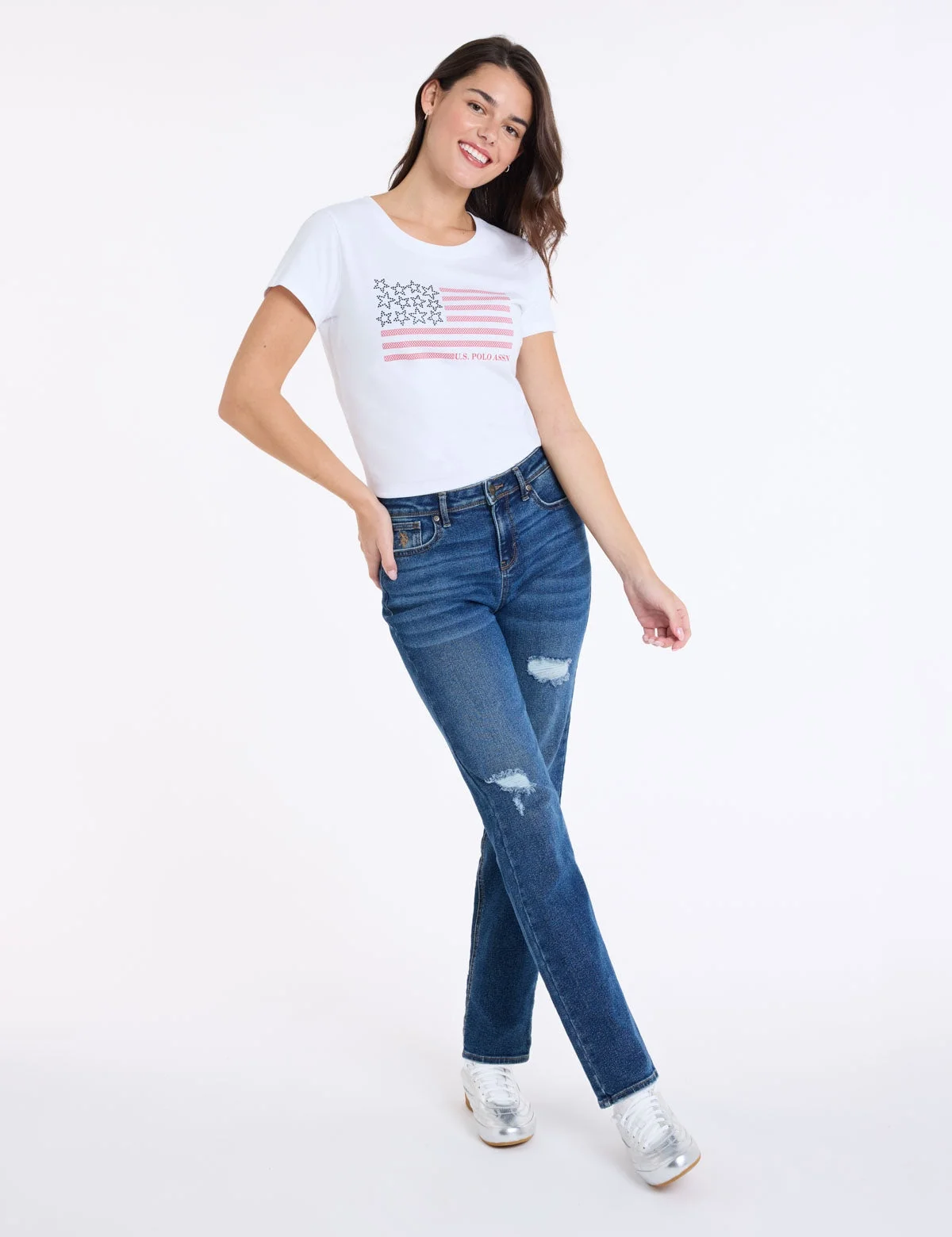 Женская футболка U.S. Polo Assn. Rhinestone Flag Crew Neck, белый — фото 3