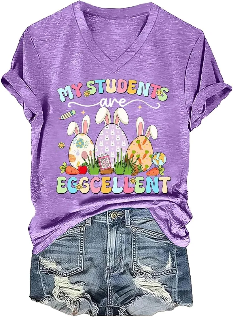 Мужская футболка с принтом My Students are Eggcellent Easter V-Neck, Light Purple