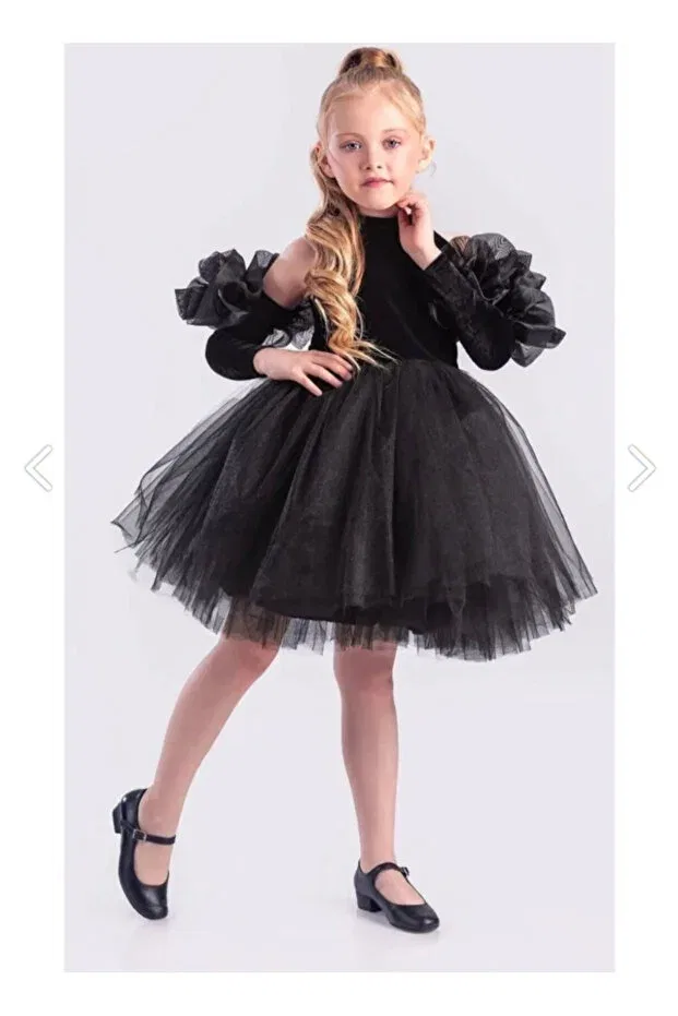 Детское платье для девочек с длинным рукавом Fluffy girl's princess evening dress with rose sleeves back stripe detail, stylish special occasion dress Sare Çocuk Giyim, Black — фото 2