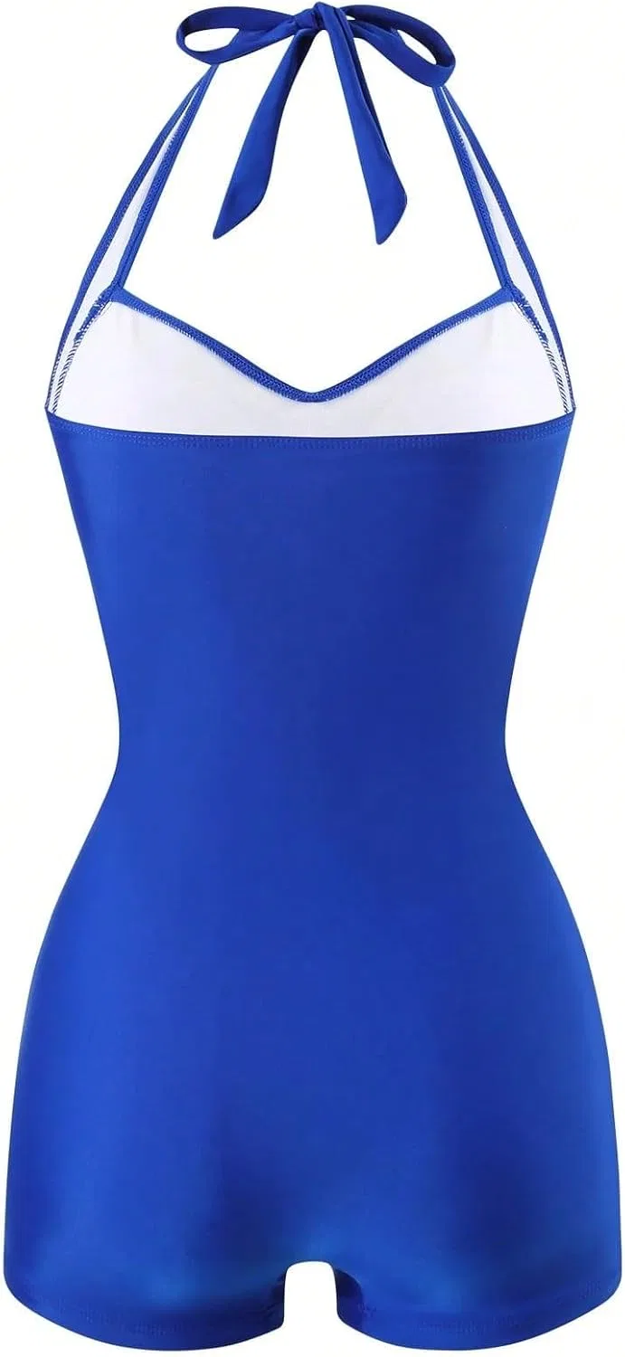 Женский цельный купальник с открытой спиной на завязках Halter, Royal Blue — фото 3