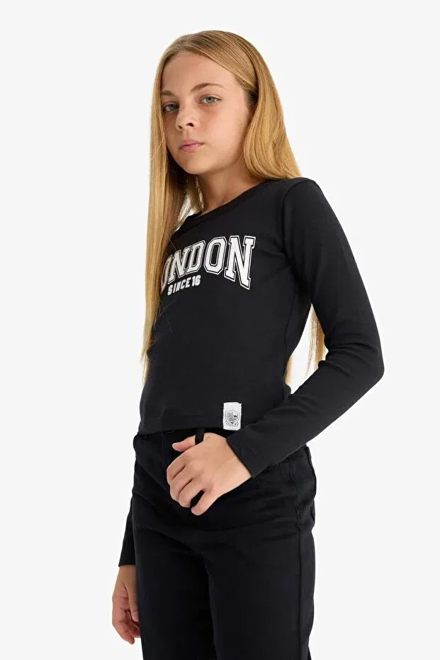 Детская футболка для девочек с длинным рукавом Slim fit narrow cut crew neck printed ribbed camisole long sleeve t-shirt girl child c7465a825au Defacto, Black-Bk81 — фото 4