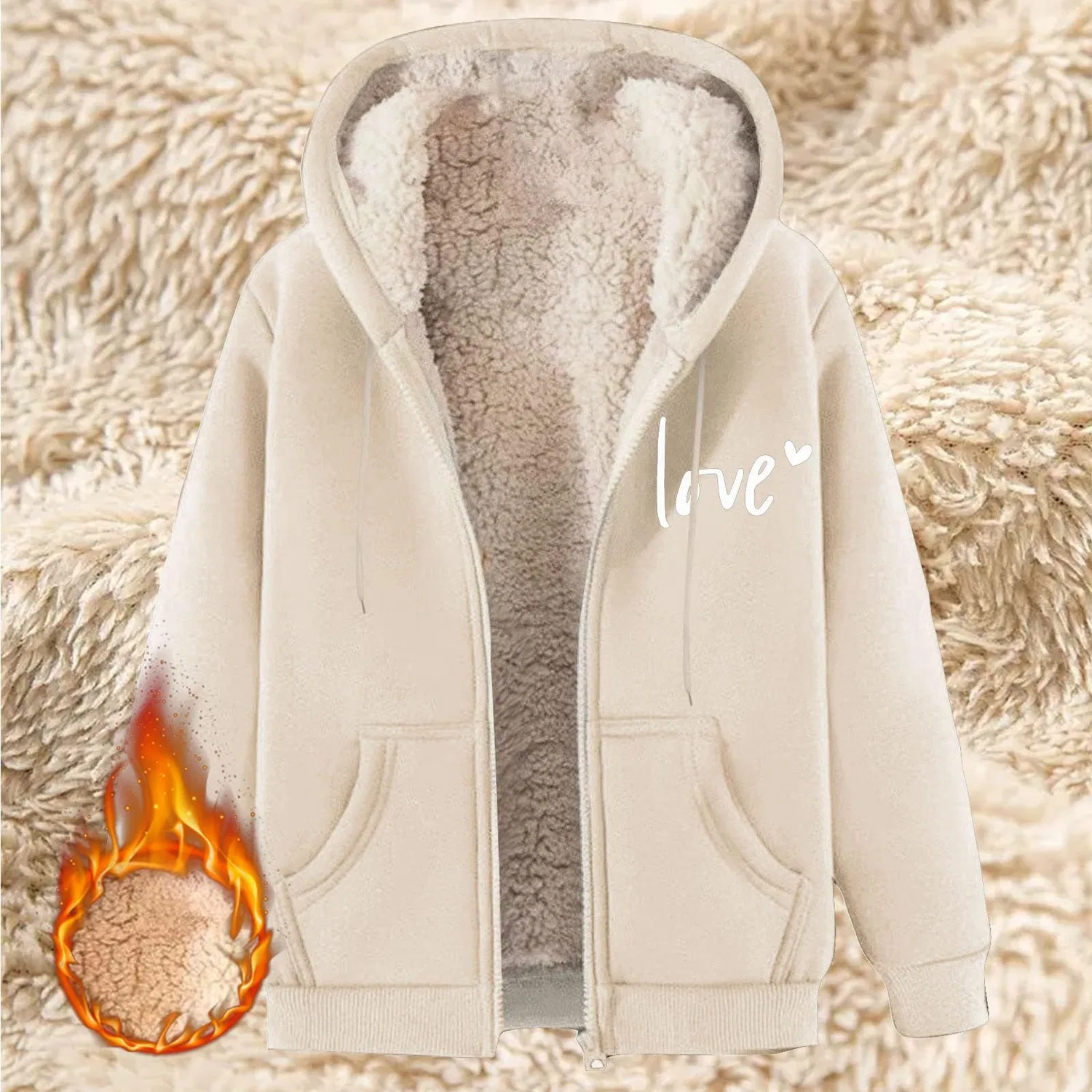 Женское зимнее пальто из овчины с капюшоном Plus Size, Beige — фото 3