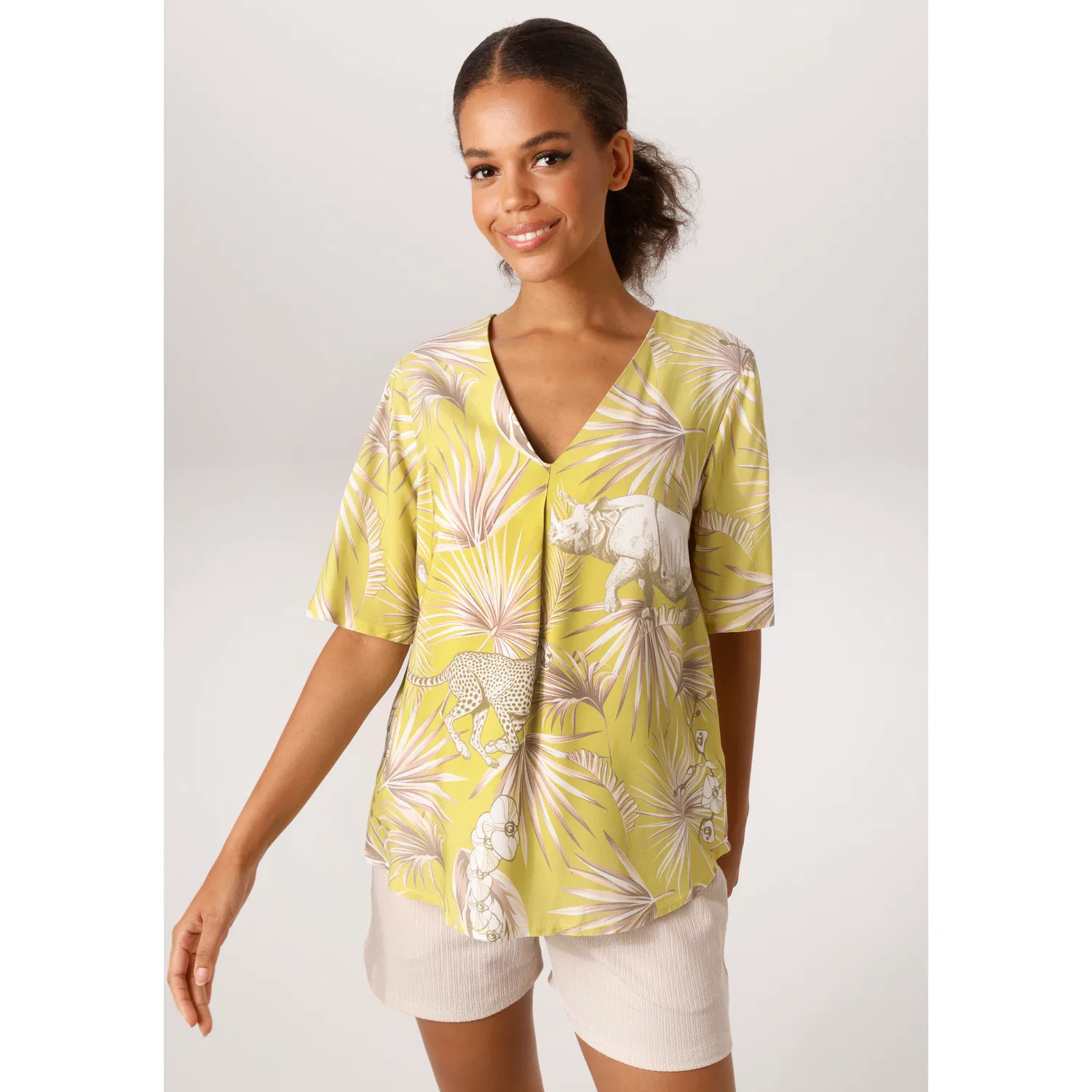 Женская блуза с V-образным вырезом Aniston CASUAL, Lime White Khaki Taupe Apricot