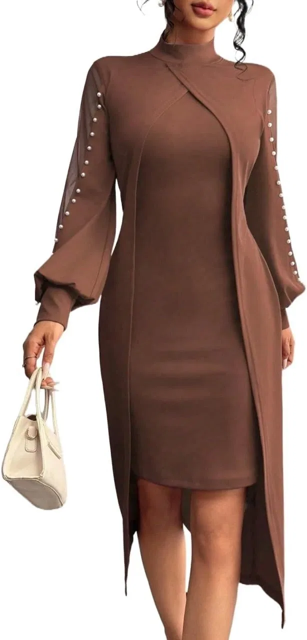 Женское платье миди с длинным рукавом, Brown