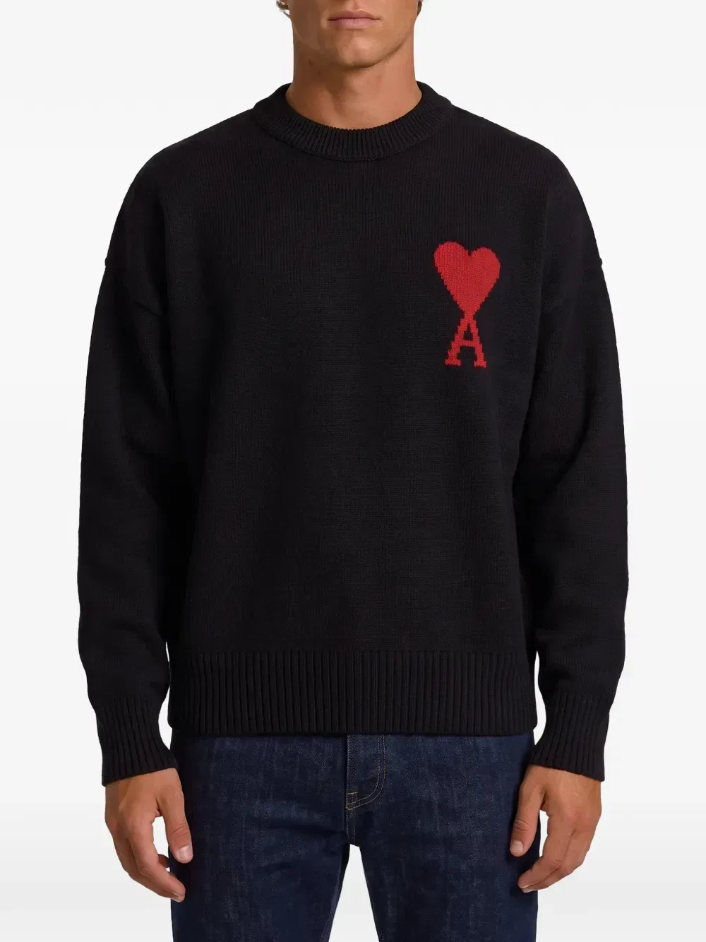 AMI Paris Черный шерстяной свитер с круглым вырезом и Ami de Coeur