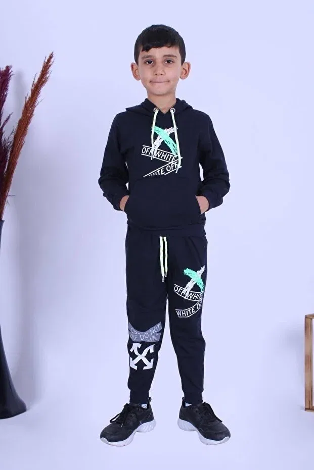 Детский комплект спортивного костюма для мальчиков с принтом X Printed Hooded Boys' Top And Bottom Tracksuit Set Ya Ko Kids, Navy Blue — фото 2