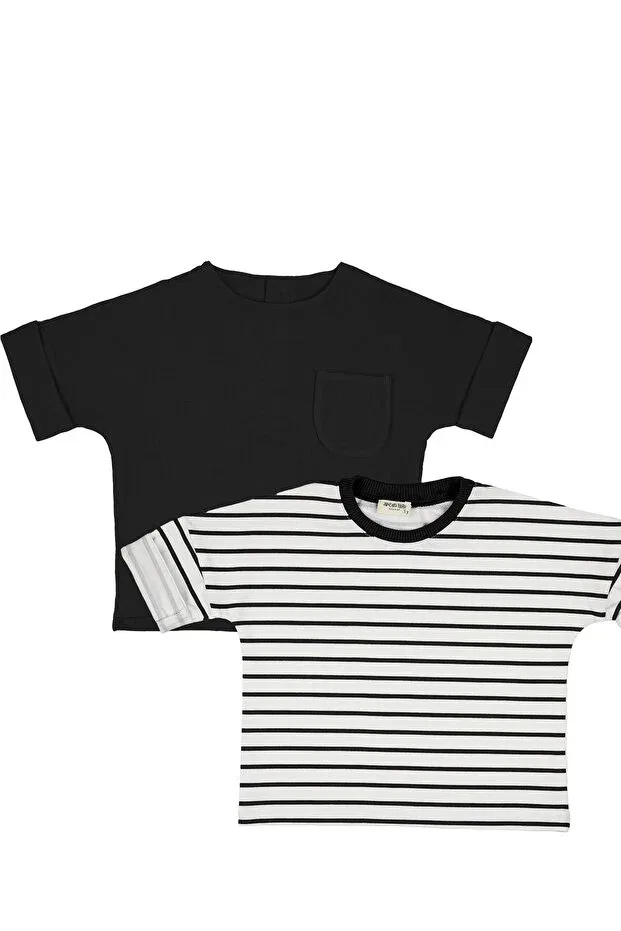 Детский комплект рубашек и футболок для мальчиков Pack of 2 black muslin back buttoned shirt + black and white striped combed cotton t-shirt Catz Kids, Black & White