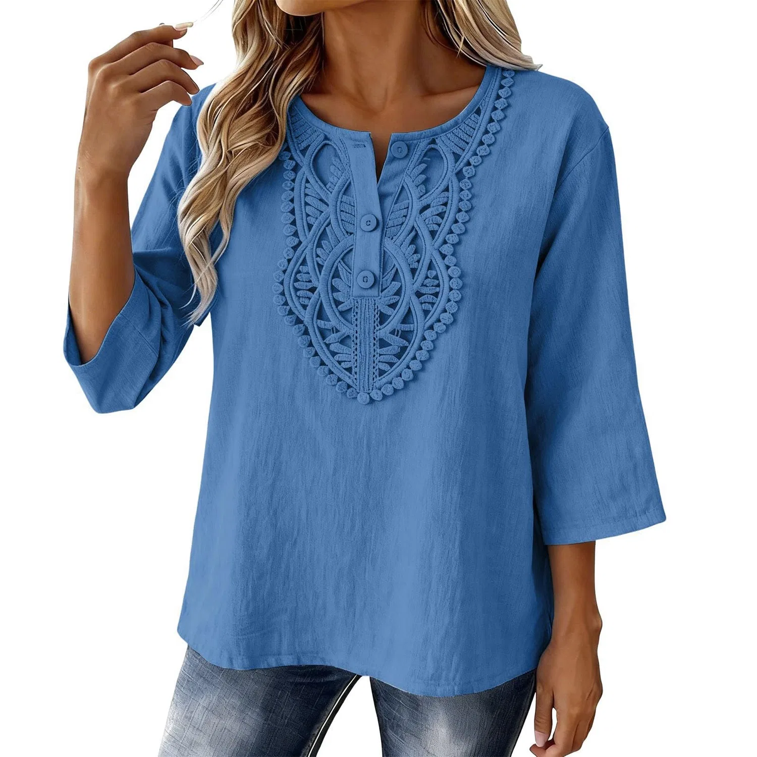 Женская льняная туника с вышивкой Retro 3/4 Sleeve Boho Casual Loose Fit Lightweight Summer Beach Blouse, A-blue