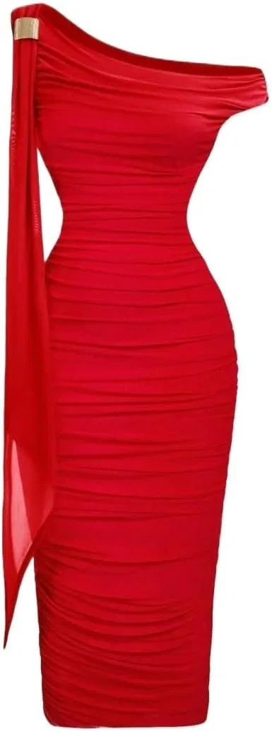 Женское облегающее миди-платье с асимметричным вырезом Ruched Bodycon, Red