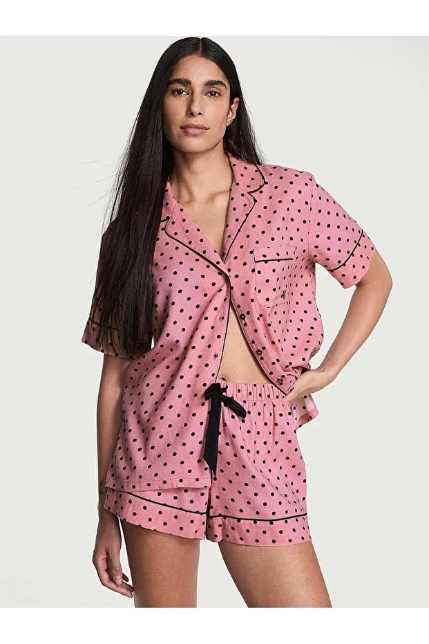 Женский комплект пижамы из фланели с коротким рукавом, с принтом, Victoria'S Secret, Black Polka Dots