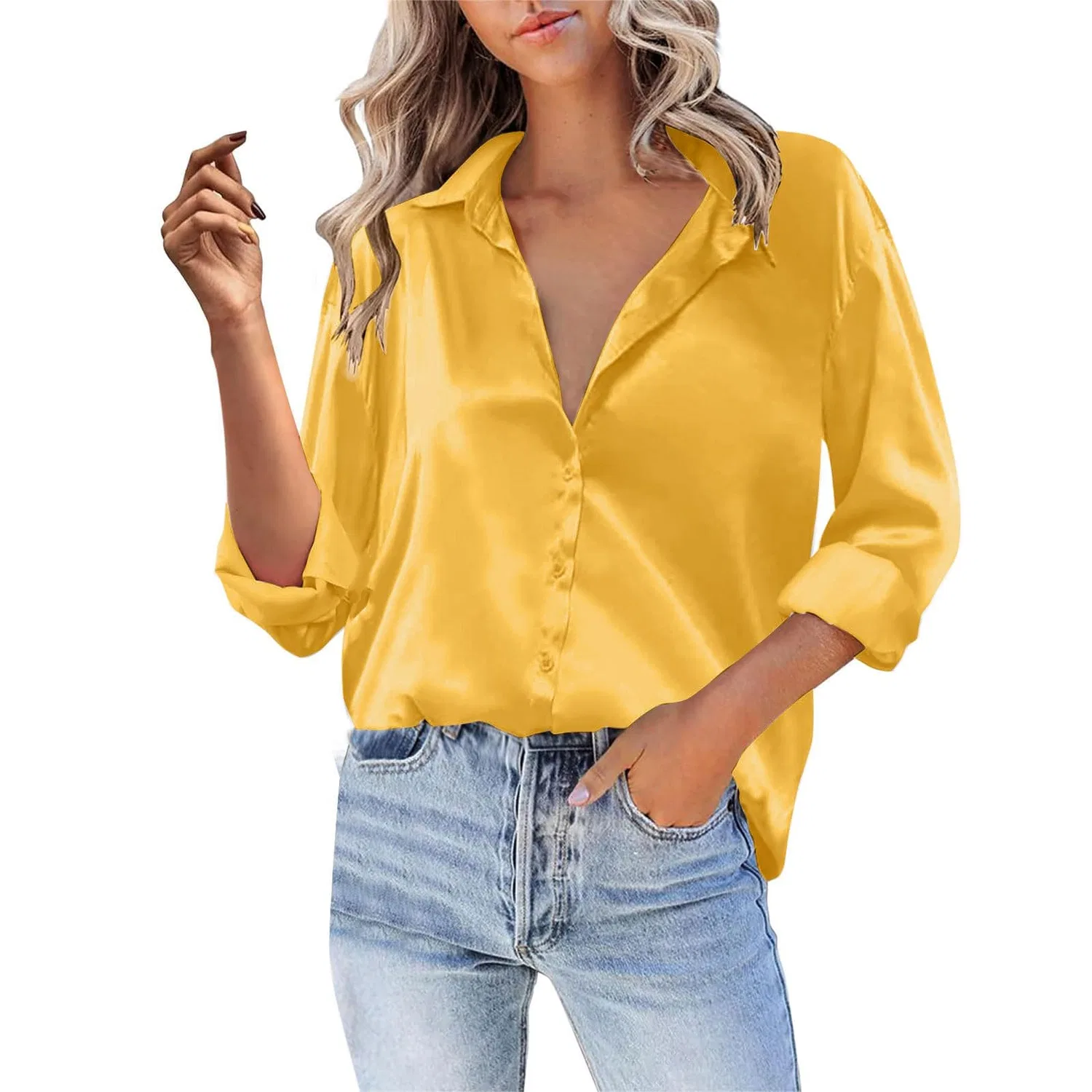 Женская атласная блузка с длинным рукавом V-образным вырезом, Yellow — фото 2