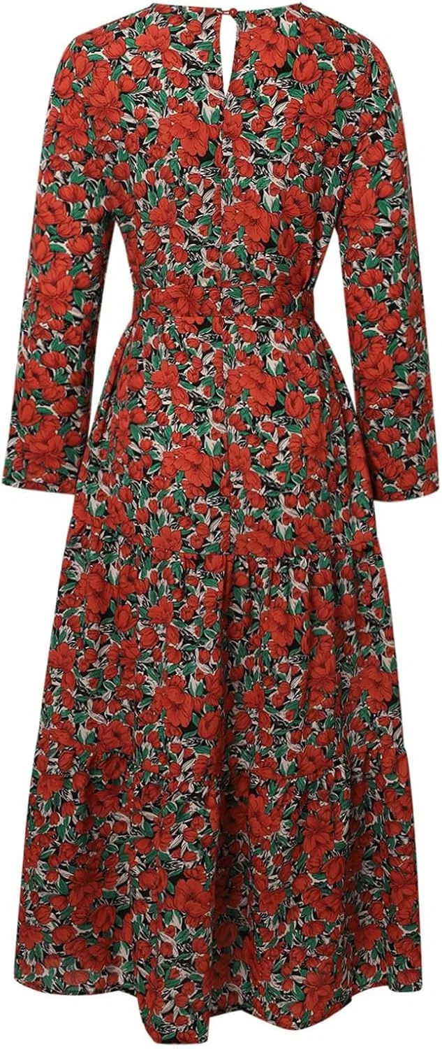 Женское платье-абайя с поясом, Vintage Printed Sun Dress Maxi, 02#_red — фото 4