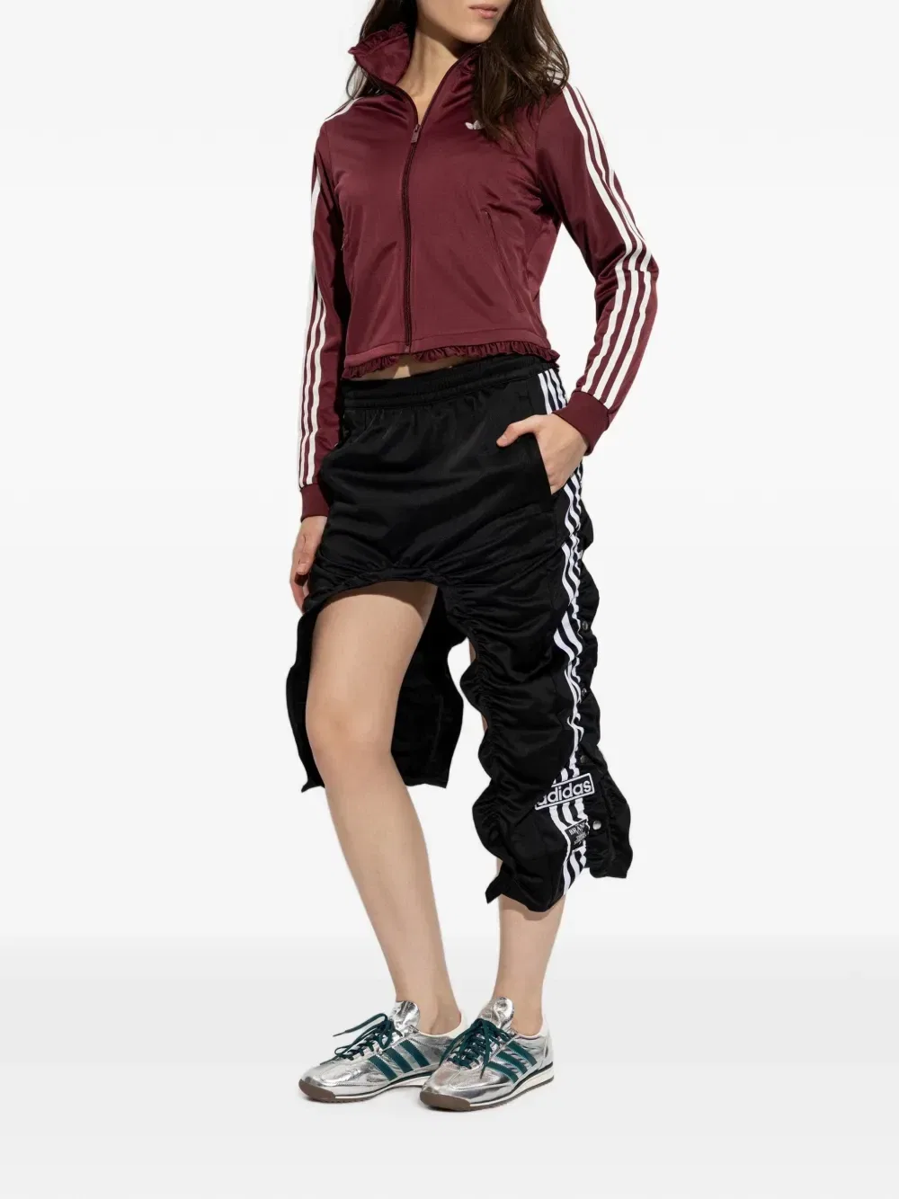 Толстовка на молнии с оборками и полосатыми рукавами adidas, красный — фото 2