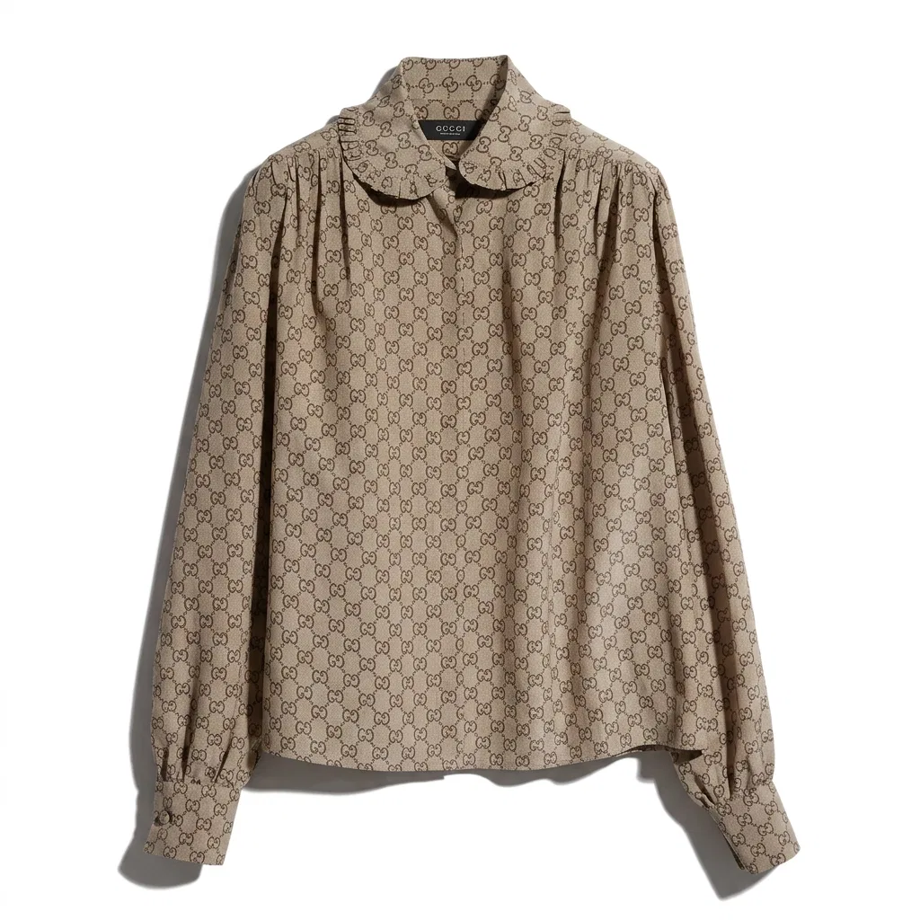 Женская рубашка с воланами и воротником, прямой крой, GUCCI, Beige