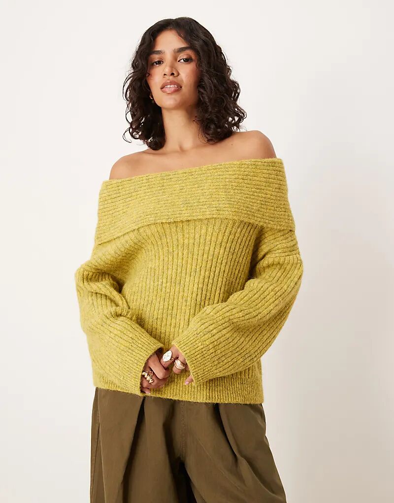 

Свободный свитер с открытыми плечами из шерстяной смеси ASOS DESIGN оливкового цвета