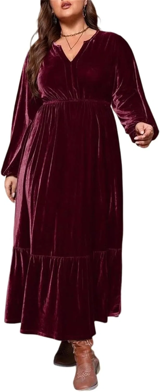 Женское платье A-силуэта с V-образным вырезом из флиса, Burgundy