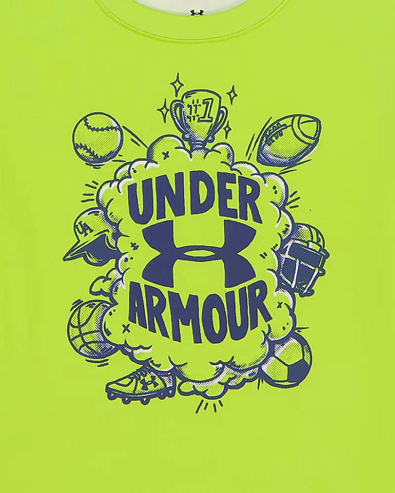 Комплект для мальчиков, быстросохнущий, из футболки и штанов UA Logo Sports UnderArmour, Green Citrine — фото 2