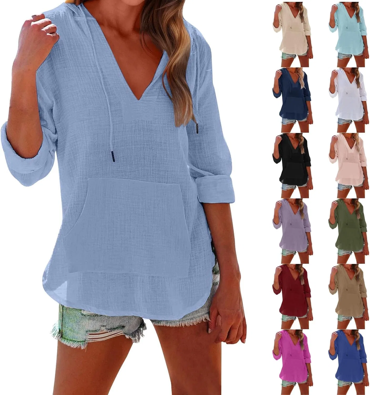 Женская туника с капюшоном и карманом, Beach Cover Ups for Women, A-sky Blue