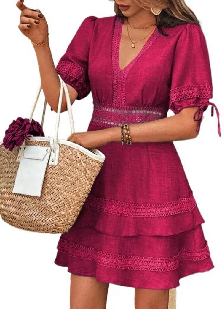 Женское летнее платье A-силуэта с кружевом и пышными рукавами, Red Violet