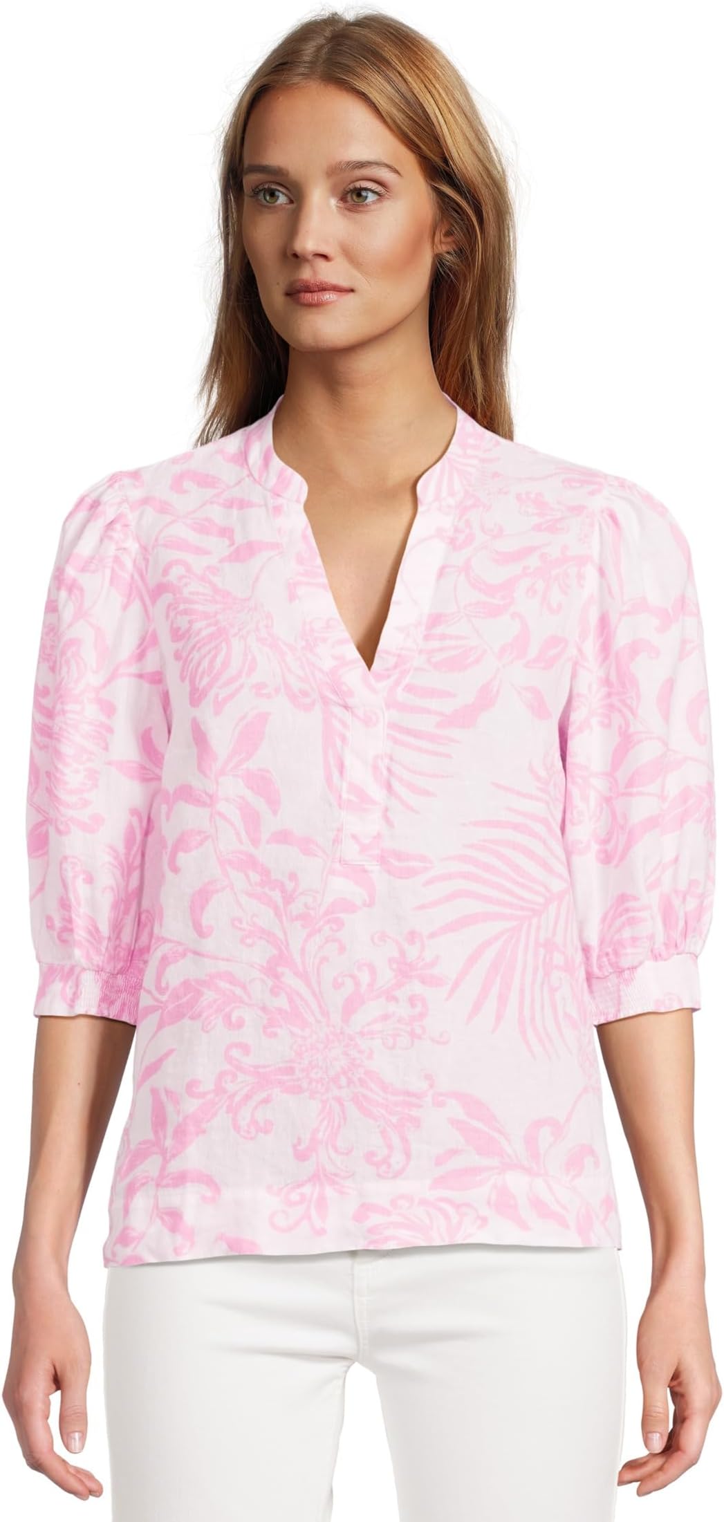

Топ Lilly Pulitzer Mialeigh Elbow Sleeve Linen Top, Rousseau Pink Glisten In The Sun
