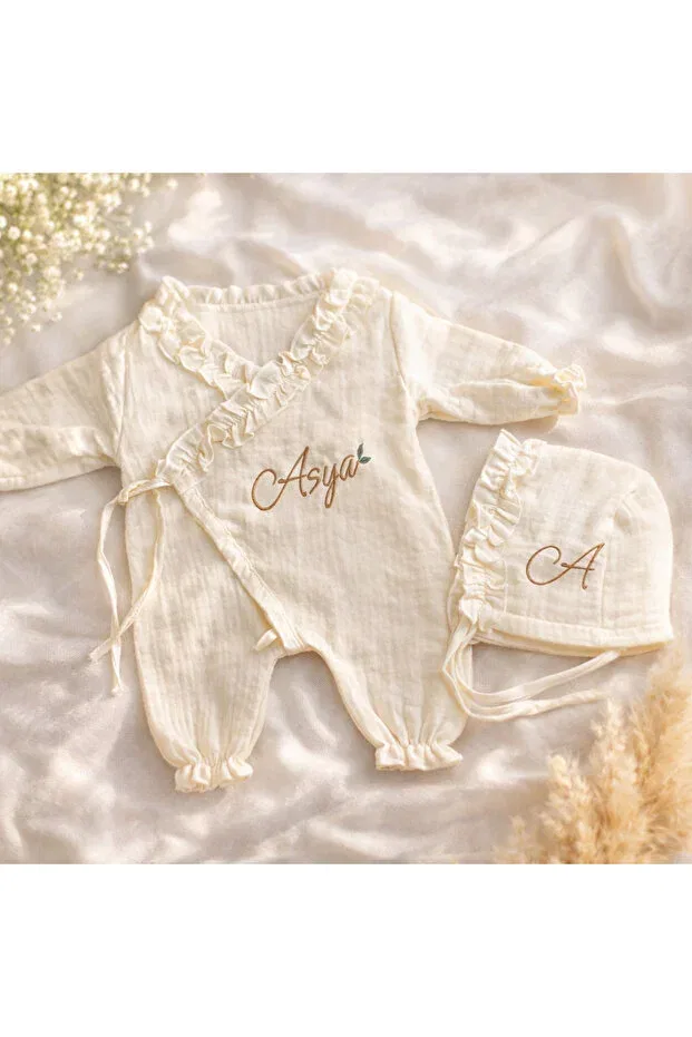 Детский комбинезон для девочек муслиновый с моделью Muslin ruffle collar baby jumpsuit + hat Hobittu, Ecru