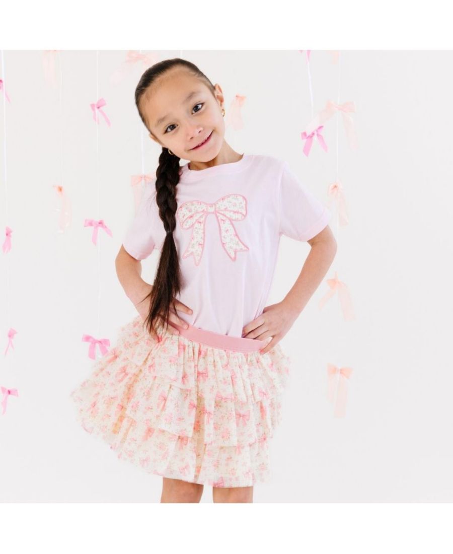 Детская футболка для девочек с коротким рукавом и цветочным бантиком Sweet Wink, Ballet pink — фото 2