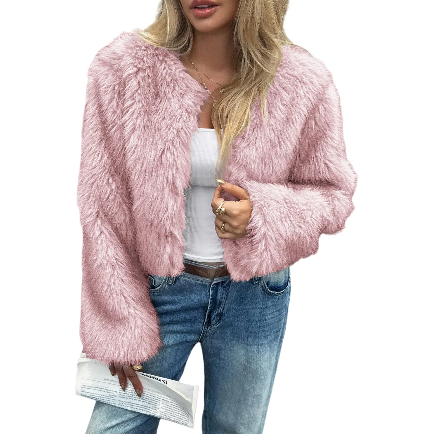 Женское пальто из искусственного меха с длинным рукавом, pink