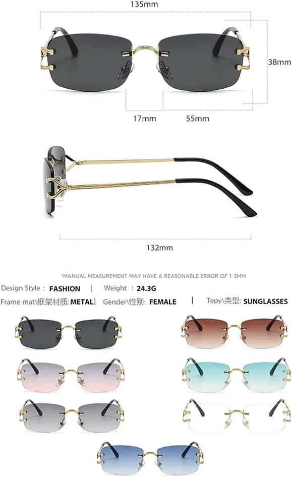 

kachawoo Маленькие квадратные солнцезащитные очки без оправы для женщин, металлические безрамочные ретро-очки, люксовый бренд, узкие линзы, Gold With Green