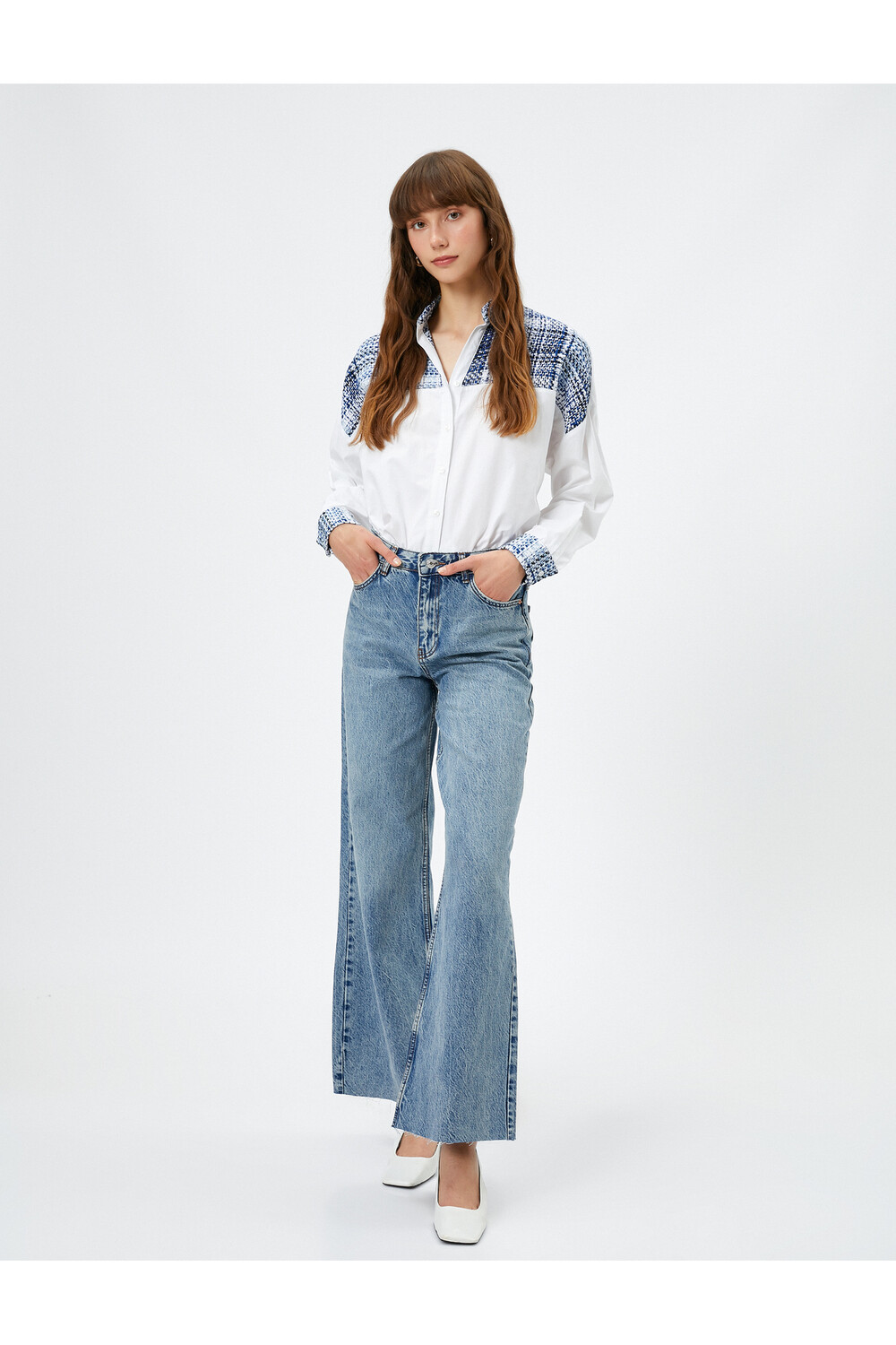 

Рубашка с длинным рукавом и твидовым воротником-стойкой на пуговицах Koton, белый