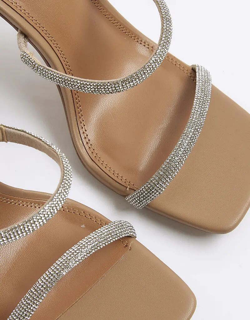 Босоножки River Island Wide Fit на каблуке со стразами и ремешками, бежевого цвета - светлый — фото 2