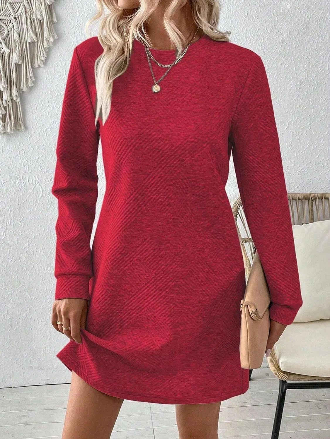 Женское повседневное платье-футболка с длинным рукавом, Red — фото 4