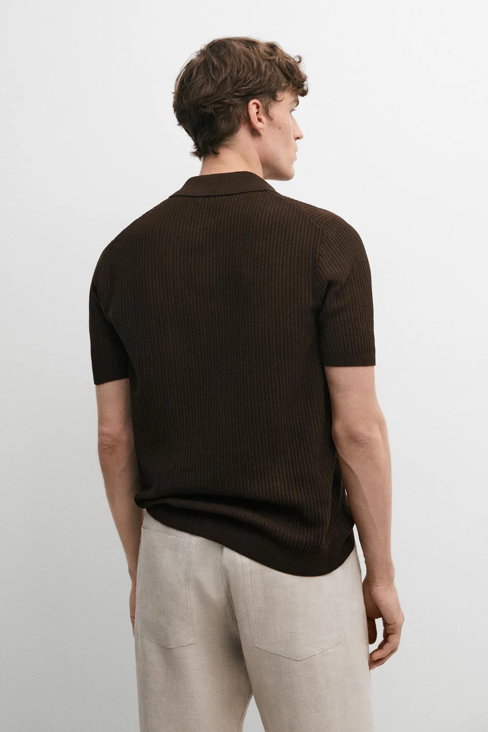 Поло из 100% хлопка, фактурная вязка Massimo Dutti, коричневый меланж — фото 3