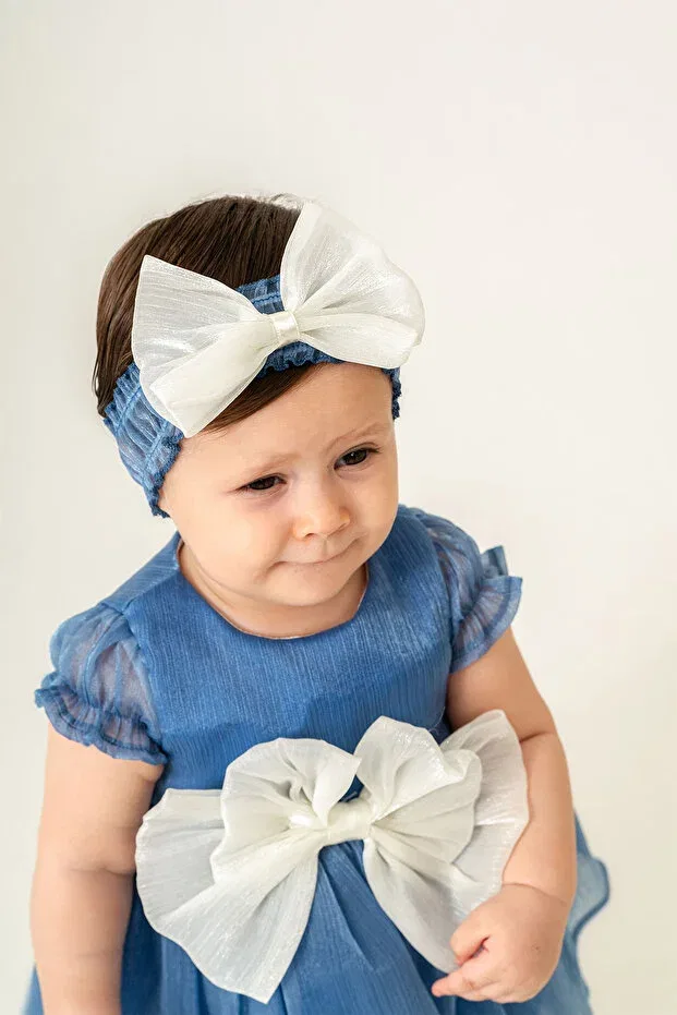 Детское платье для девочек с коротким рукавом Baby girl dress with ribbon detail special occasion dress with bandana gift Eray Kids, Blue — фото 4