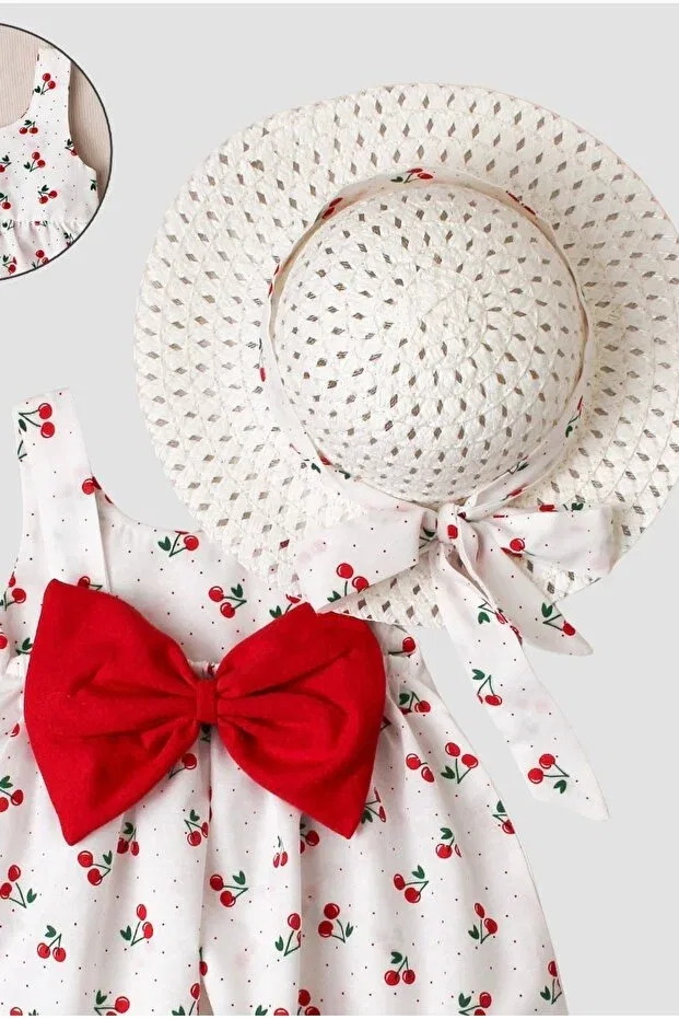 Детское платье для девочек с принтом Cherry patterned hat and bow detailed baby girl dress Chicsy Baby, Red — фото 3