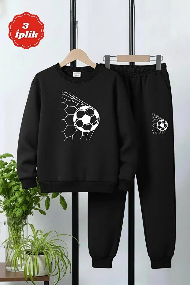 Детский комплект свитшота и брюк для мальчиков с принтом 3 thread thick sh fleece-lined crew neck football mesh print detailed boys' tracksuit set Ya Ko Kids, Black