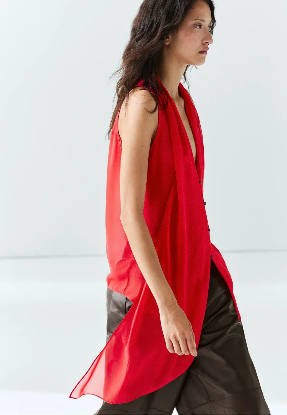 Полупрозрачная блузка из 100% шелка - на пуговицах Massimo Dutti, Red — фото 3