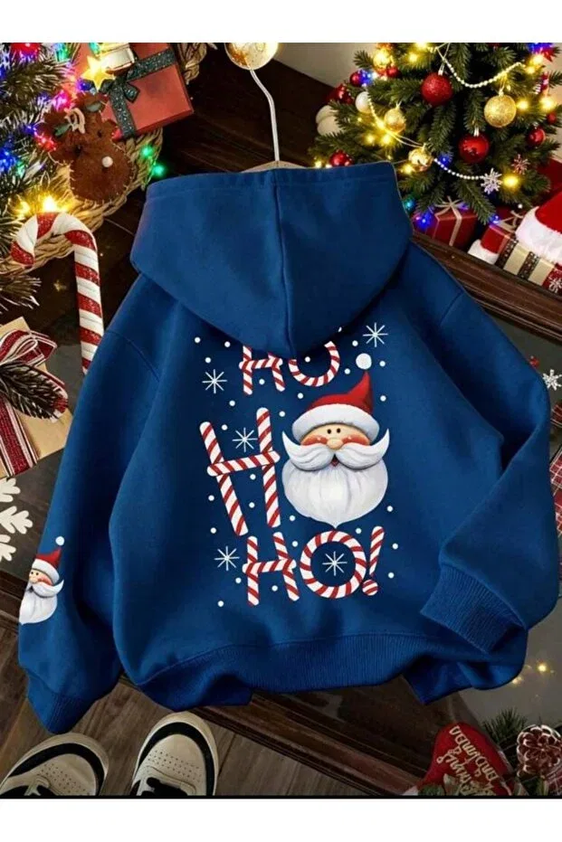 Детское худи для девочек с принтом Santa Printed Hooded Sweatshirt Hoodie Christmas Special Baxia, Navy Blue
