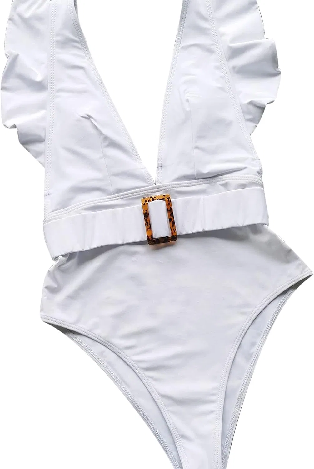 Женский цельный купальник с глубоким V-вырезом и рюшами, White — фото 4