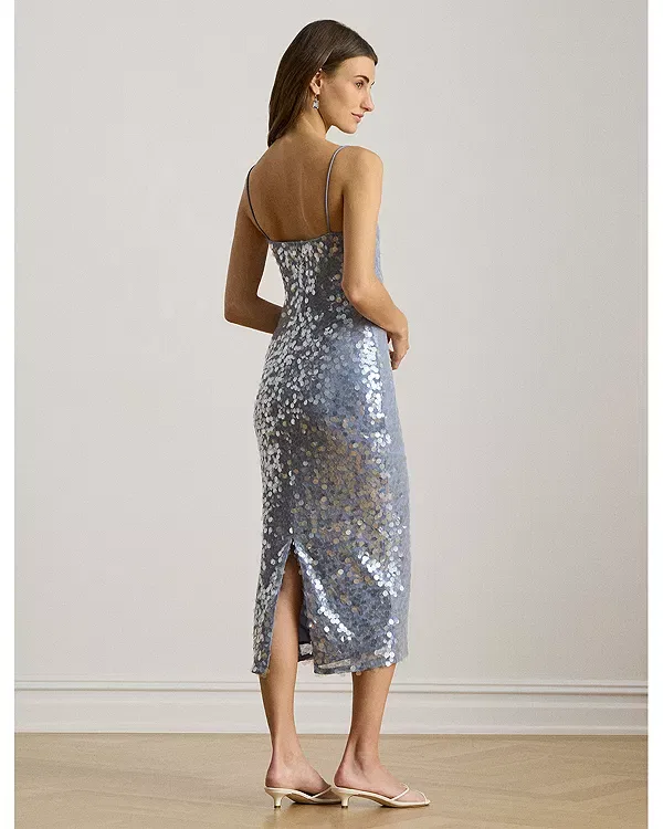 Женское платье с пайетками Sequined Tulle Midi Cocktail Dress Ralph Lauren, Blue Multi — фото 3